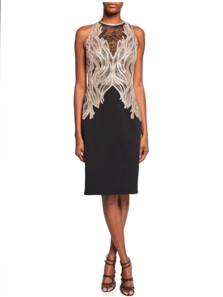 Worn Once Tadashi Soji Sequin Lace High Neckline Sleeveless Crepe Sheath Dress 2